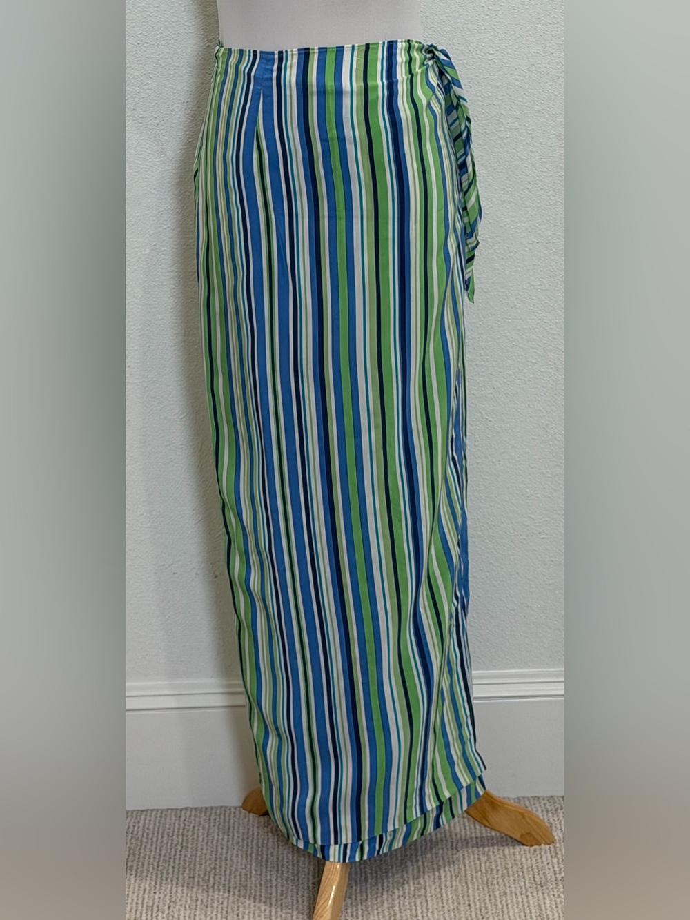 Vintage Due Per Due 100% Silk Wrap Maxi Skirt Women’s 10 Green Blue Stripe Y2K